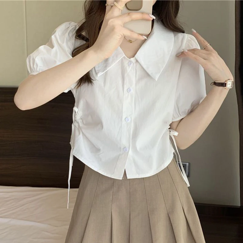 Gidyq Y2K Women White Shirts Summer Fashion Lace Up Shirring Female Short Sleeve Tops All Match Cropped Puff Sleeve Blouse