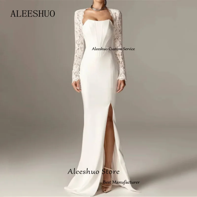 Aleeshuo Muslim Mermaid Satin Evening Dresses Lace Long Sleeves Prom Dress Pleat Straples Sexy Backless Side Slit Customized