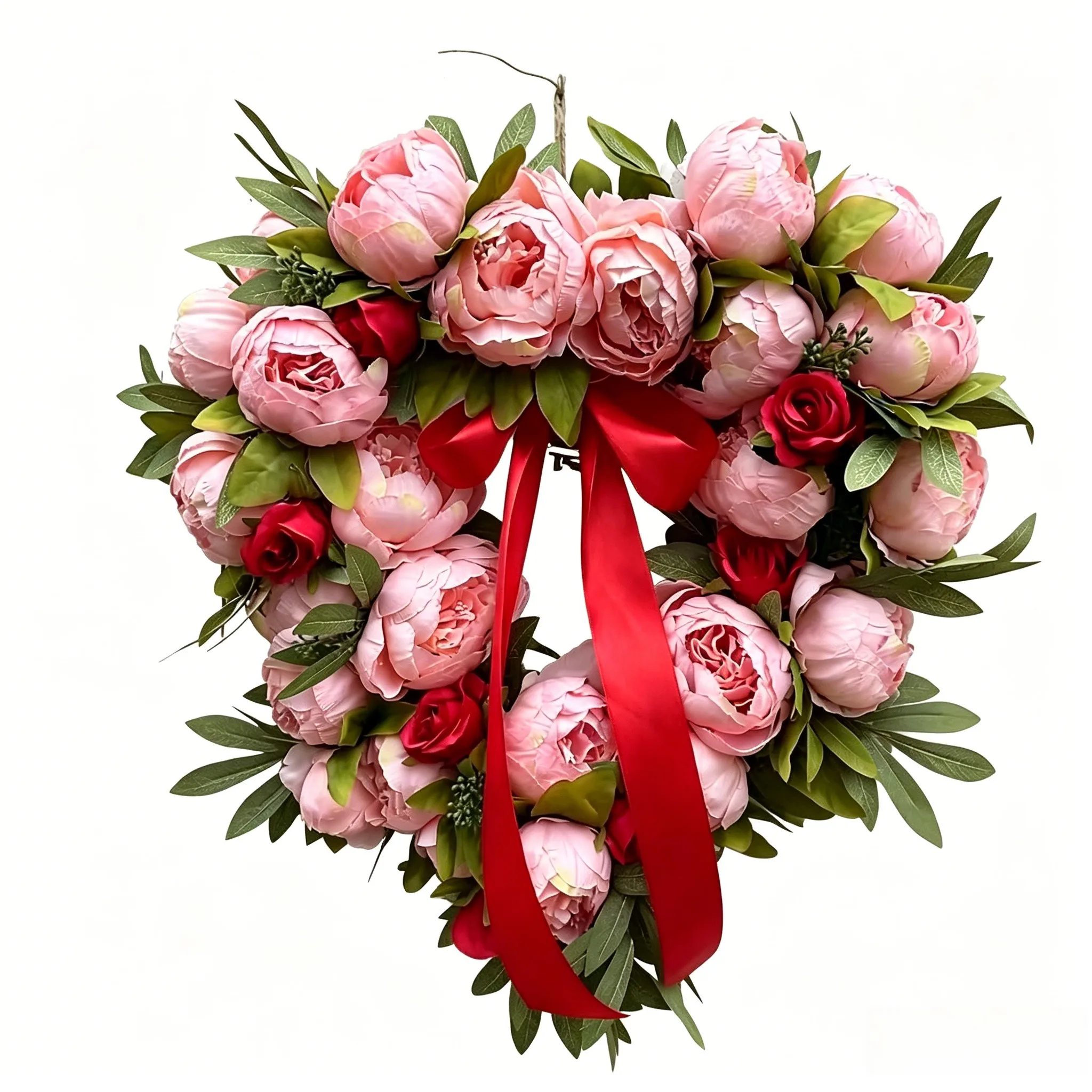 Spring Themed Door Wreath Peony Blossoms Artificial Silk Flower Arrangement Heart Shape Pink 40cm Home Living Decor
