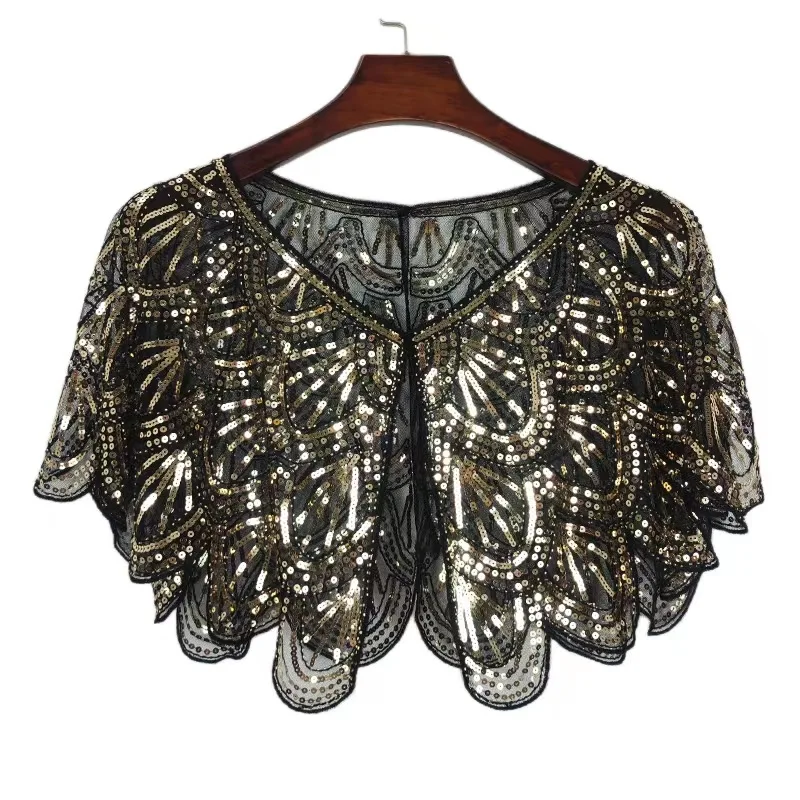 

iny Sequin ort awl Netting Beaded Caplet Dr Outer Thin Windbreaker Women's Faion Lace irt Geometric Pattern
