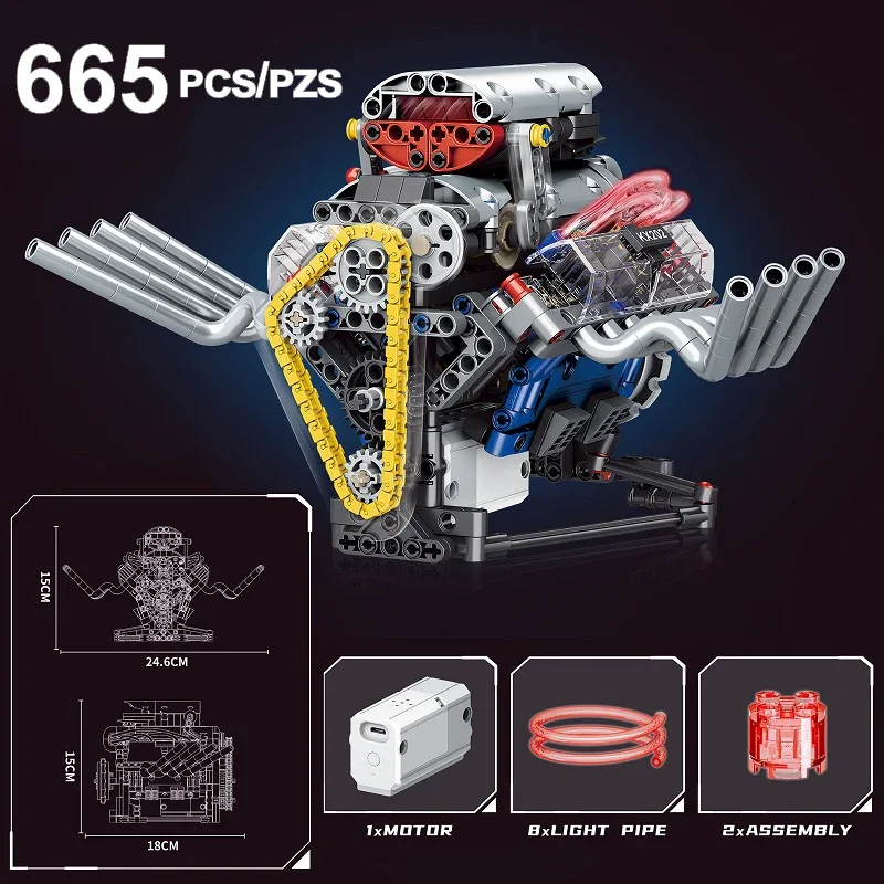 

665 шт. K96202 V8 имитационная модель двигателя, светодиодный светильник, перезаряжаемый мотор, приложение, дистанционное управление, спортивная головоломка, сборка, строительные блоки