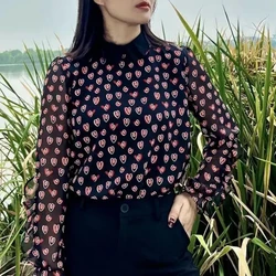 Women's Chiffon Round Neck Pullover Geometric Printing Contrast Color Lantern Long Sleeve T-shirt Casual Spring Autumn Tops