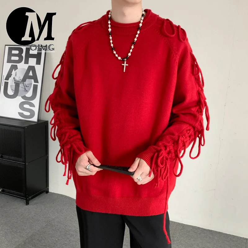 [OIMG] Winter Tassel Design, Zodiac Year Red Round Neck Knitted Men's Loose And Thick Sweater, Plus Size Jacket