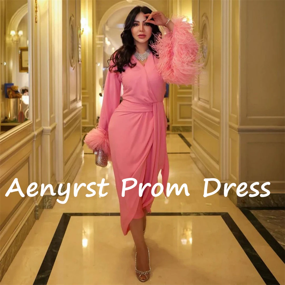 Aenyrst Pink V Neck Feathers Saudi Evening Dresses customized Long Sleeves Prom Party Dress Tea Length Formal Occasion Gowns