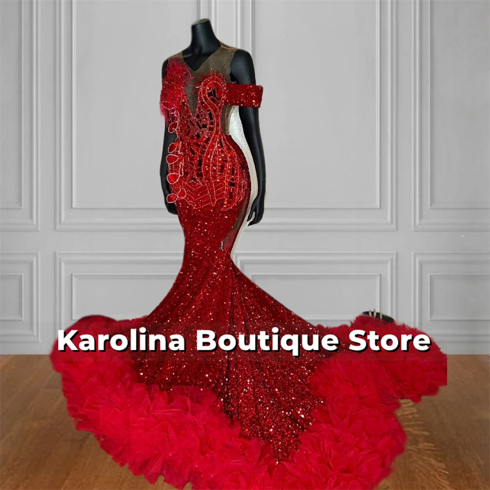 Red Sequined Pieces Ostrich Feathers Mermaid Prom Dresses Tulle Ruched Train 2025 Luxury Birthday Dress Customized