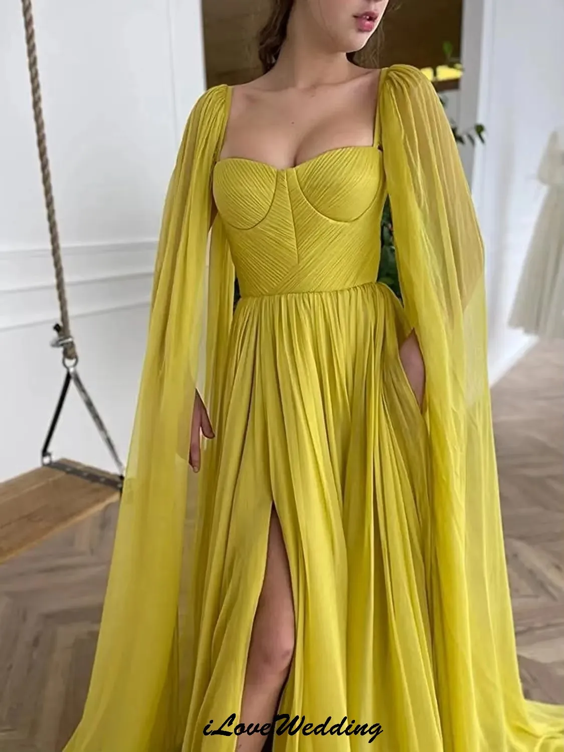 

Mustard Prom Dresses 2025 Wedding Party Dress For Woman Chiffon Elegant Evening Dresses Formal Gala Dubai Sweep Train Customized