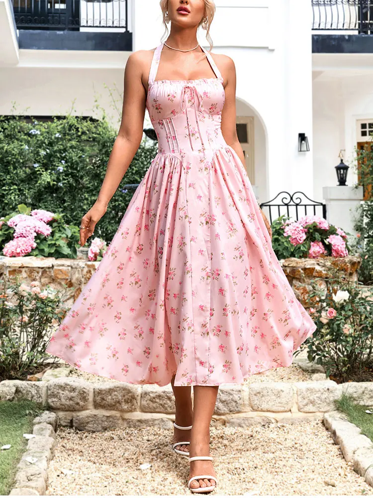 NewAsia Damen Neckholder, rückenfrei, bedruckt, Blumenmuster, Midi-Korsettkleid, Spaghettiträger, zum Binden, modisch, lässig, Urlaub, lange Kleider, Rosa – Detail 5
