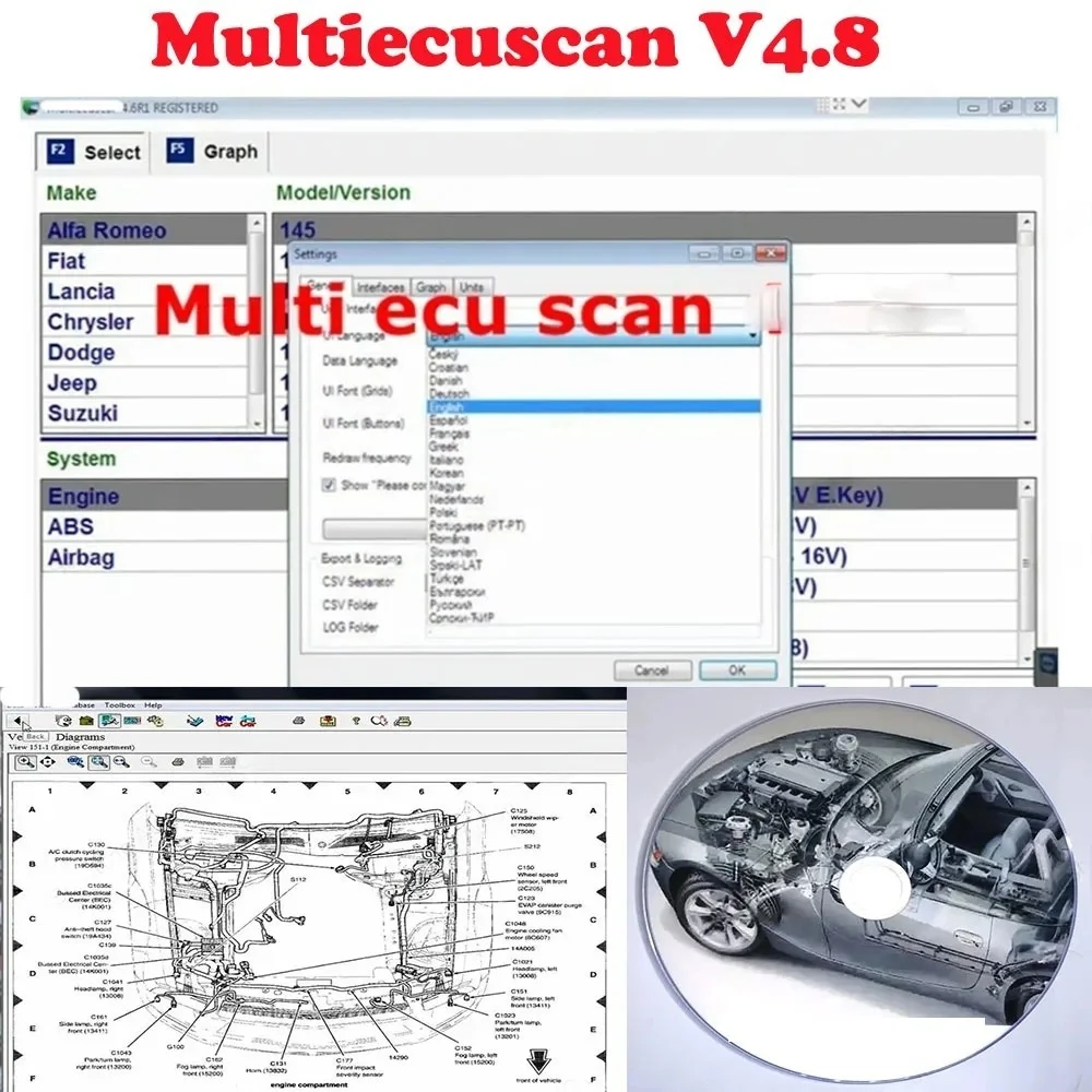 Новейшее программное обеспечение Multiecuscan V4.8 2024 для сканера Fiat/Chrysler/Dodge/Jeep/Suzuki 4,8 + ELM327 + плоский адаптер, зарегистрированный неограниченный