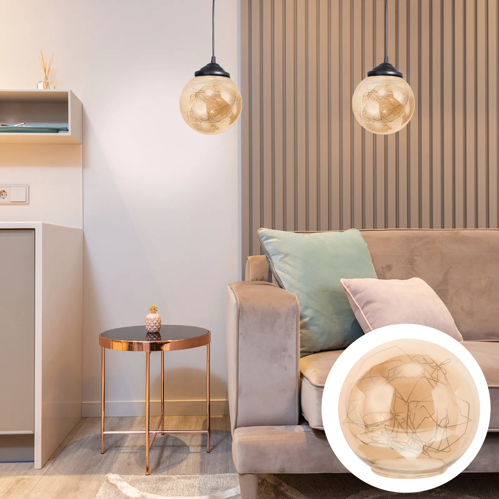Glass Lampshade Ball Shape Spherical Globe Lamp Shade with Wide Opening Curved Wire Design for Pendant Light Fixture Decorative