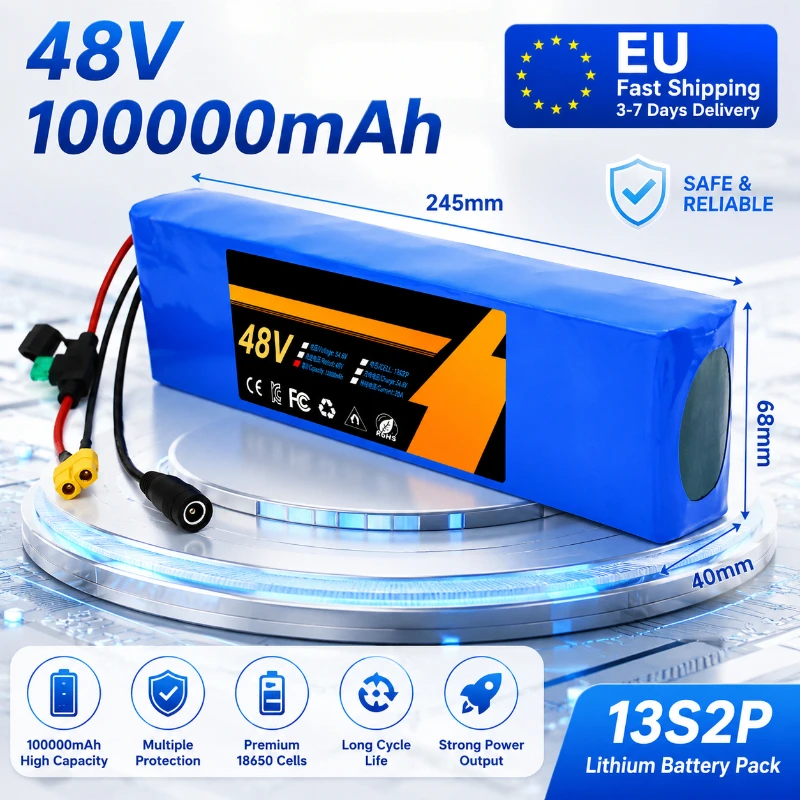 Batterie au lithium 48V 100Ah 100000mAh 13S2P 18650 rechargeable avec BMS intelligent pour vélo électrique, scooter, alimentation DIY 250W 350W 500W 750W 1000W, chargeur 54.6V offert