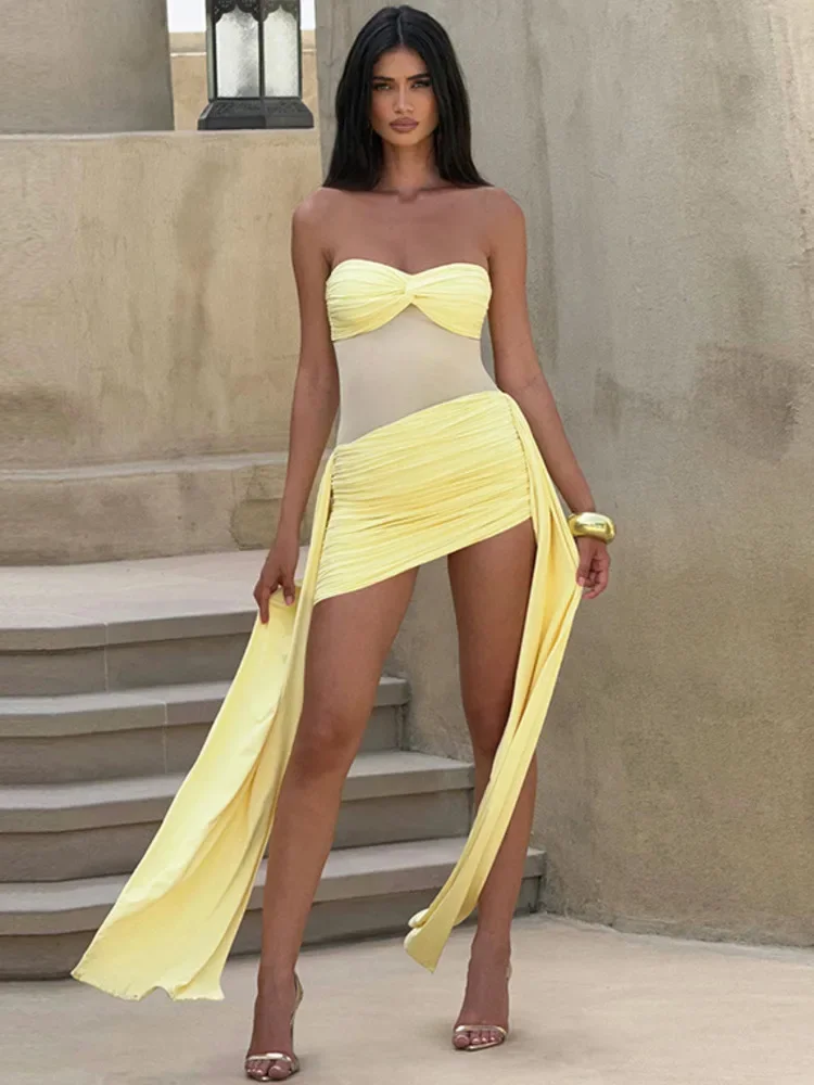 

Fmxires New Off-shoulder Strapless Sexy Mini Dress For Women Fashion Sleeveless Backless Ruched Draped Club Party Dresses Female