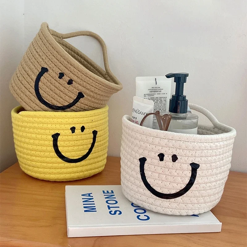 Handwoven Storage Basket Cute Cosmetic Storage Box Cotton Rope Hanging Baskets Desktop Sundries Organizer with Handle Home Decor