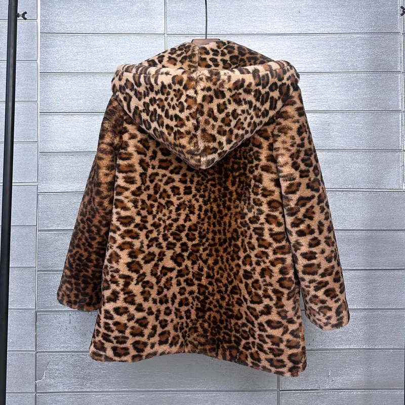 Female Fashion Leopard Print Faux Fur Coat Eco-friendly Hooded Jacket Lady Outerwear Women\'s Winter Coats Factory Direct Sales