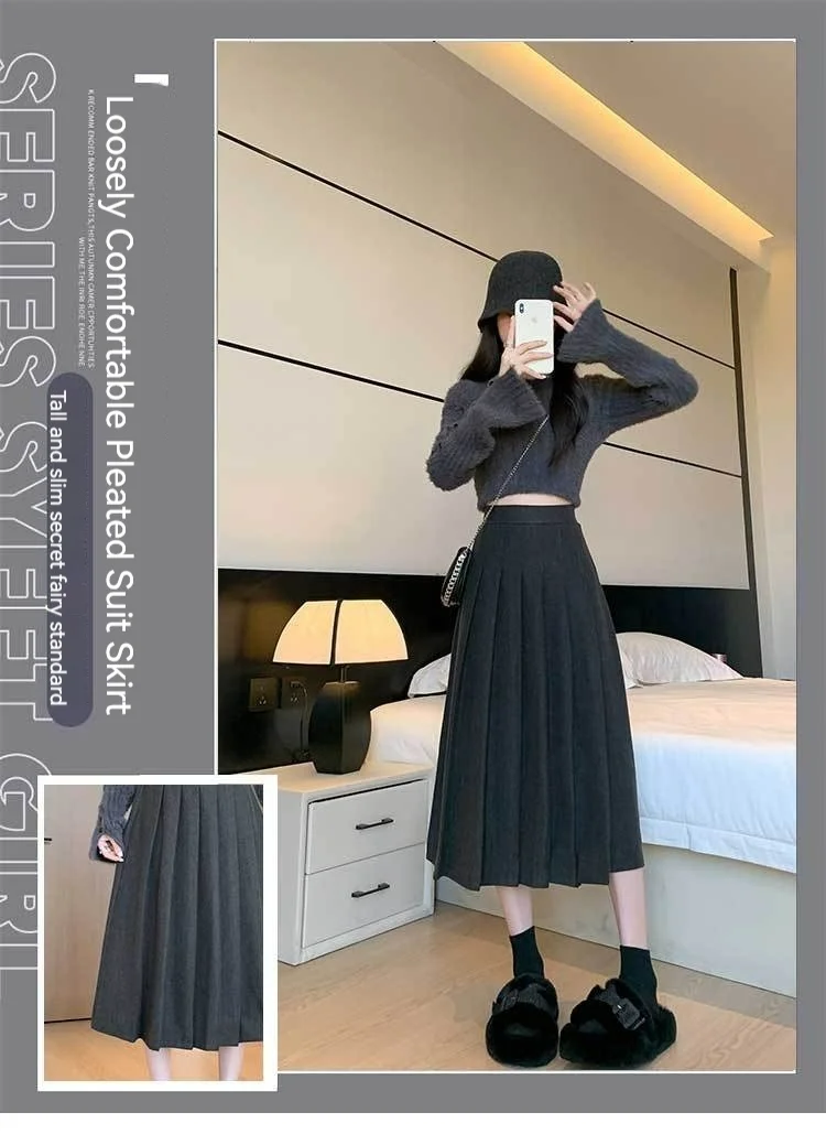 Vintage Brown High Waist Pleated Skirt Women Korean Fashion College Style Long Skirt Autumn and winter Casual A line Skirts