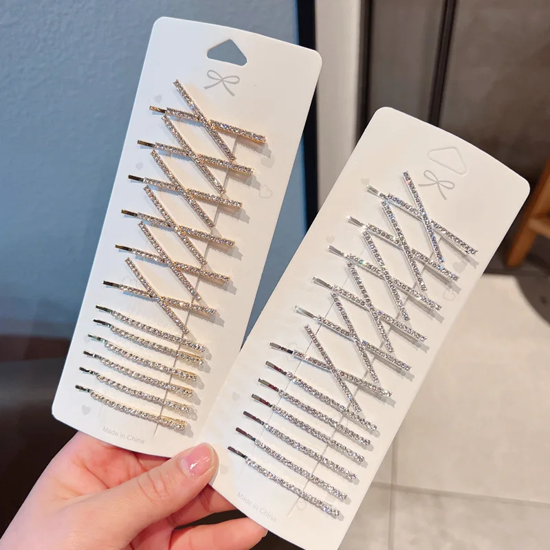 12 Stück glänzende Strass-Haarnadeln, gold/silberfarben, dünne Metall-Haarspangen, Haarschmuck für Damen