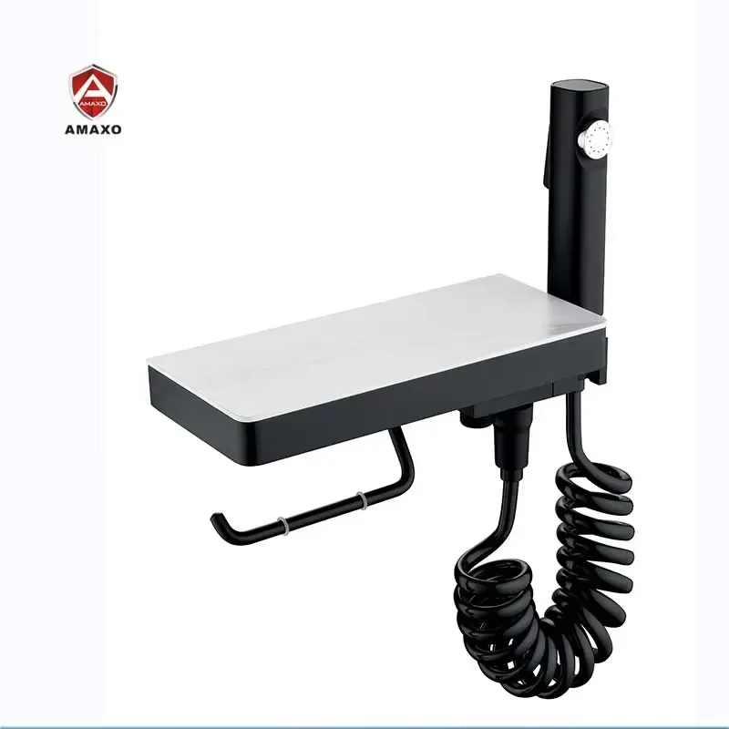 Matte Black 304 Stainless Steel Toilet Paper Holder with Marble Base Modern Wall Mounted Bathroom Tissue Roll Stand for Hotel