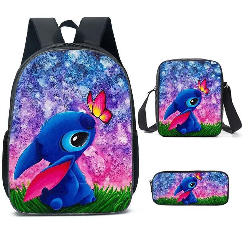 Disney Cartoon Stitch New Kids Backpack Girls and Boys Schoolbag + Pencilbag+shoulder Bag Suits  3pcs Set  Teen Outdoor Bag