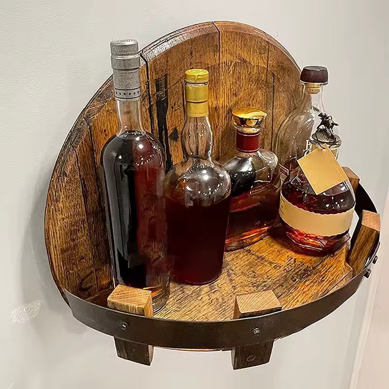 Vintage Wooden Whiskey Barrel Shelf For Wine And Liquor Display.