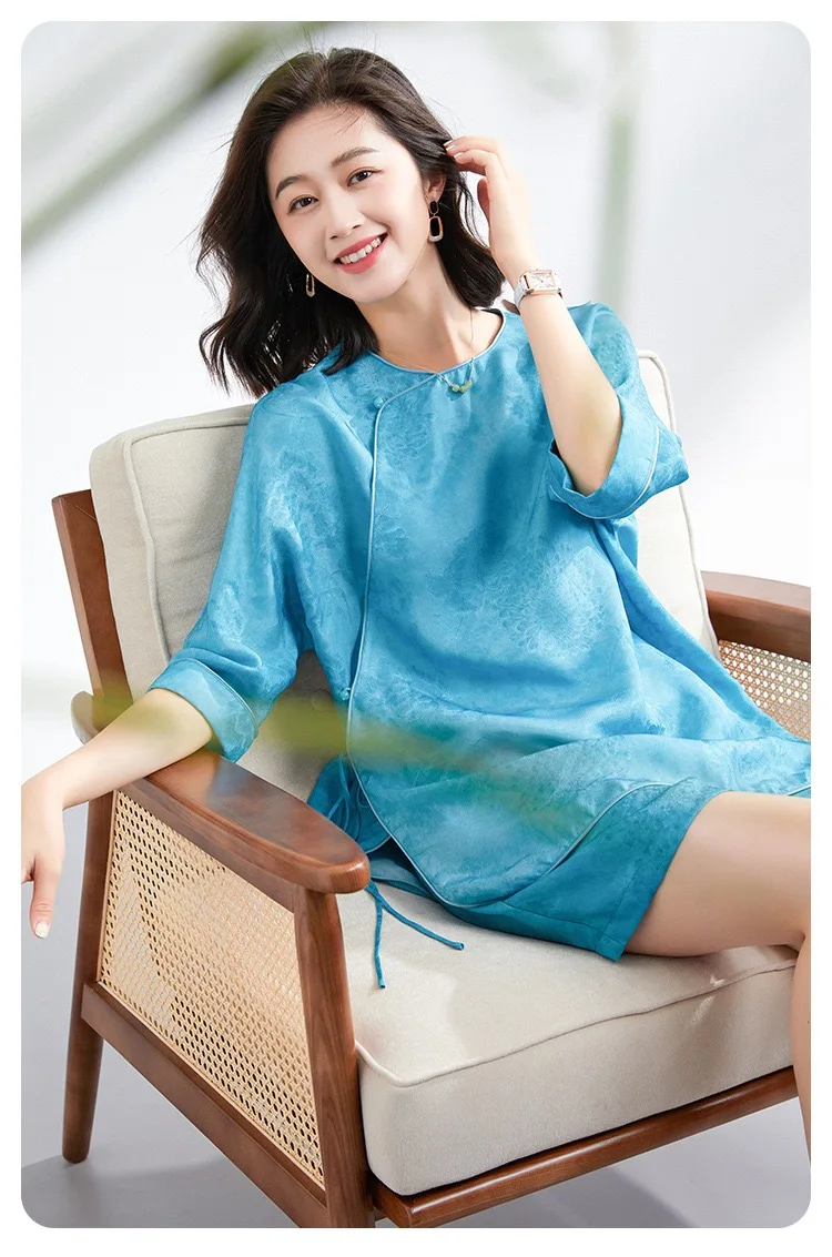 

Casual Shorts Set For Women Summer Chinese Style Half Sleeve T-Shirt And Shorts Blue