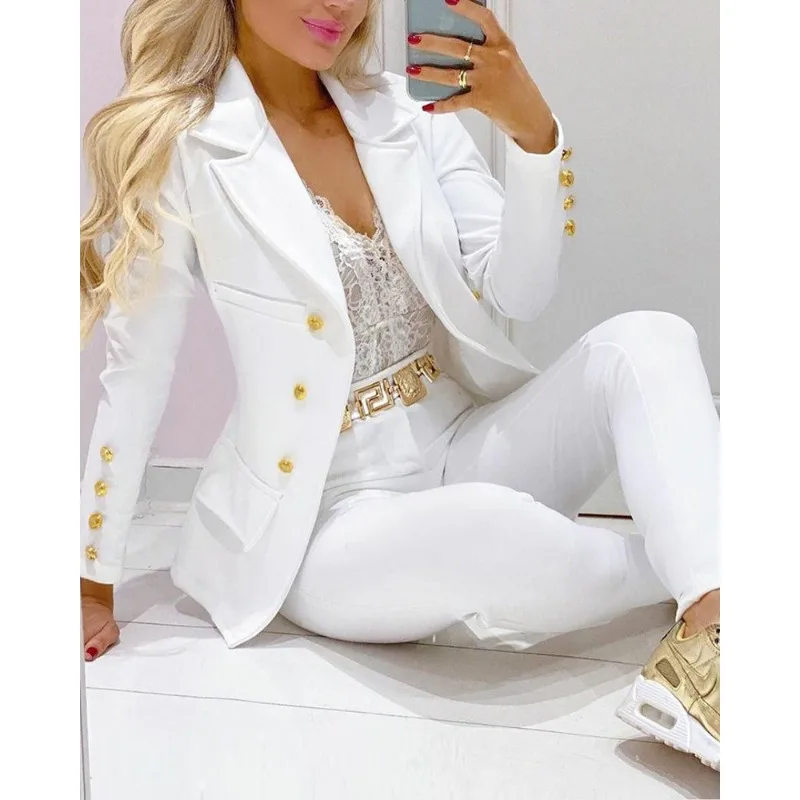 Women Lapel Long Sleeve Blazer Coat Pencil Pants Outfits Autumn 2024 Office Lady Slim Suits Y2K INS Outfits Elegant Two Pcs Set