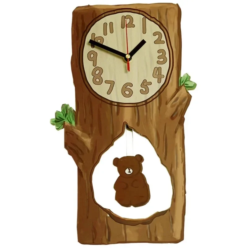 Fresh Tree Hole Bear Swing Wall Clock Household Creative Personal Cute Simple Noiseless Clock Power Saving