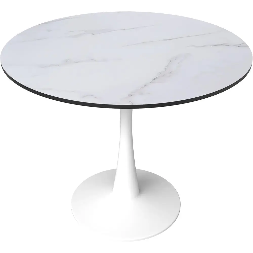 

31 Wide Round Dining Table, Modern MDF Wood Top & White Metal Pedestal Base Gloss Finish Accent Table Mid-Century Café Table, Ki