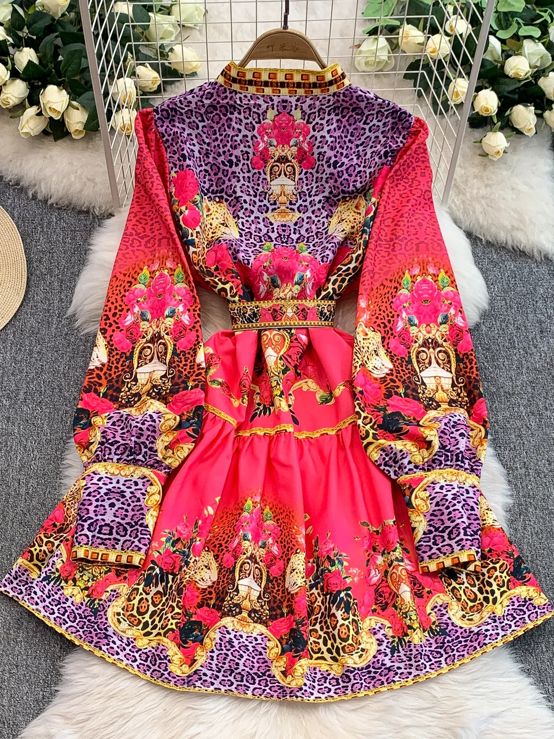 Retro Court Sle Colletto alla coreana Lanterna Sve Dr Donna Estate High-End Stampato Vita che impingente Dimagrante Midi Dr