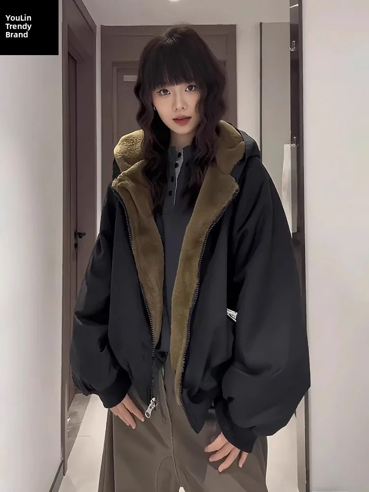 

American Double-Sided Wear Mountain Eagle Cotton Jacket Men's Winter Thick Warm Plush Coat Hooded Short Zipper Cotton Clothes