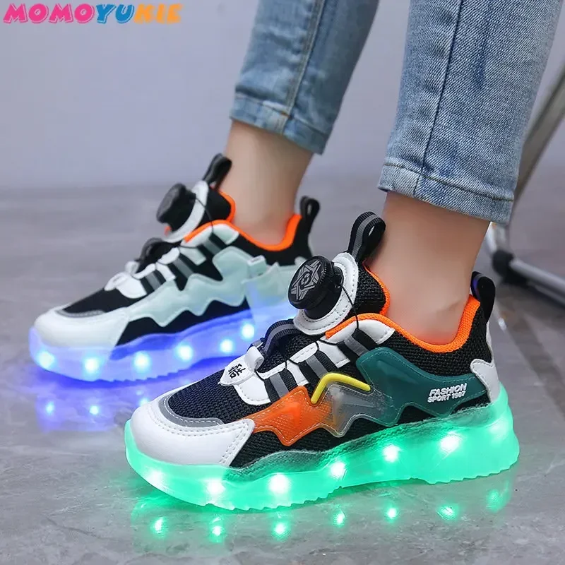 Rotating Button Luminous Sneakers Men\'s Girls Colorful Soles Usb Rechargeable Fashion Breathable Children\'s Luminous Sneakers