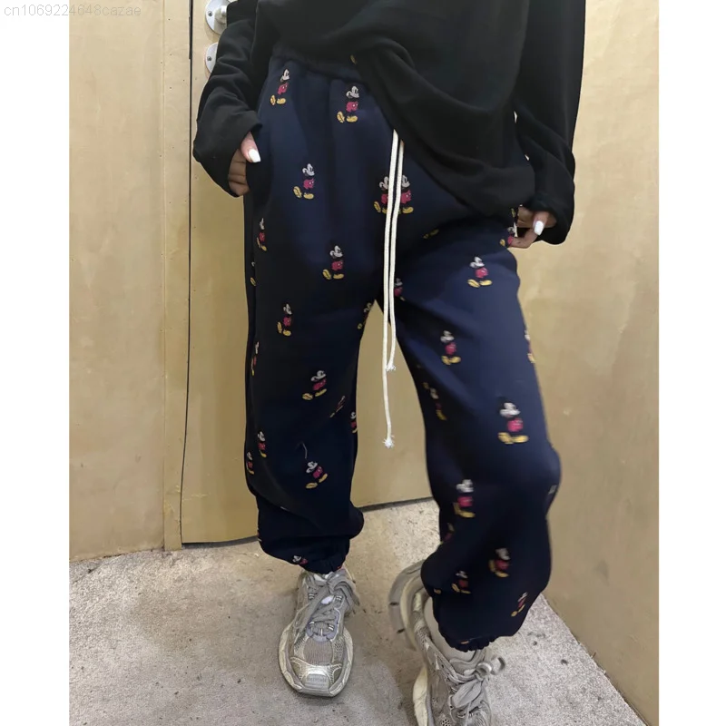 Disney Mickey New Printed Winter Fleece Women Sports Casual Korean Trousers Y2k Female Drawstring Jogger Loose Straight Pants