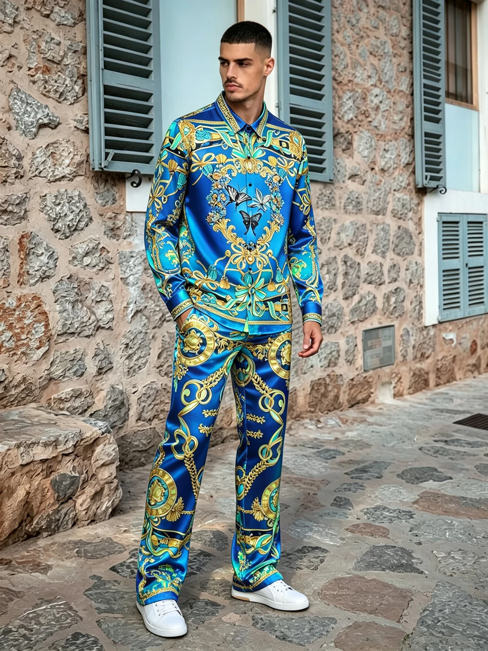 2026 Autumn Men's Light Luxury Casual Long Sleeve and Long Pants Set, Colorful Pattern Printed Shirt, Hawaiian Beach Vacation
