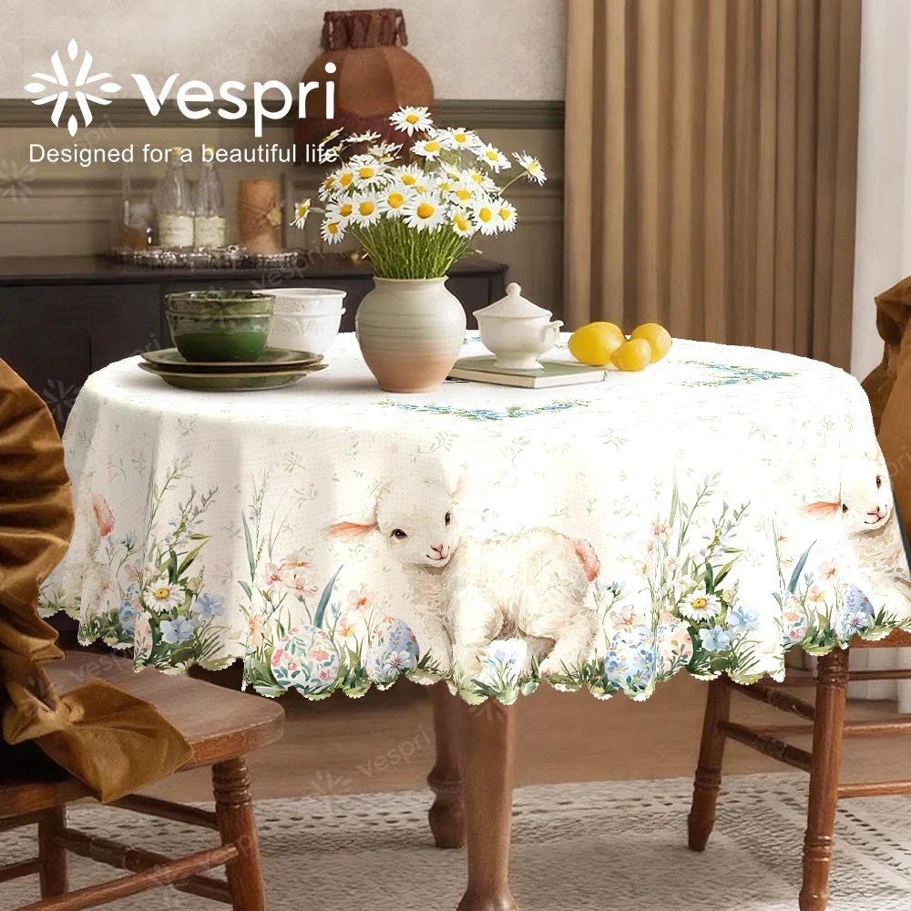 Vespri Easter Tablecloth White Green Lamb Floral Round Rectangle Oval Polyester for Party Festival Decor