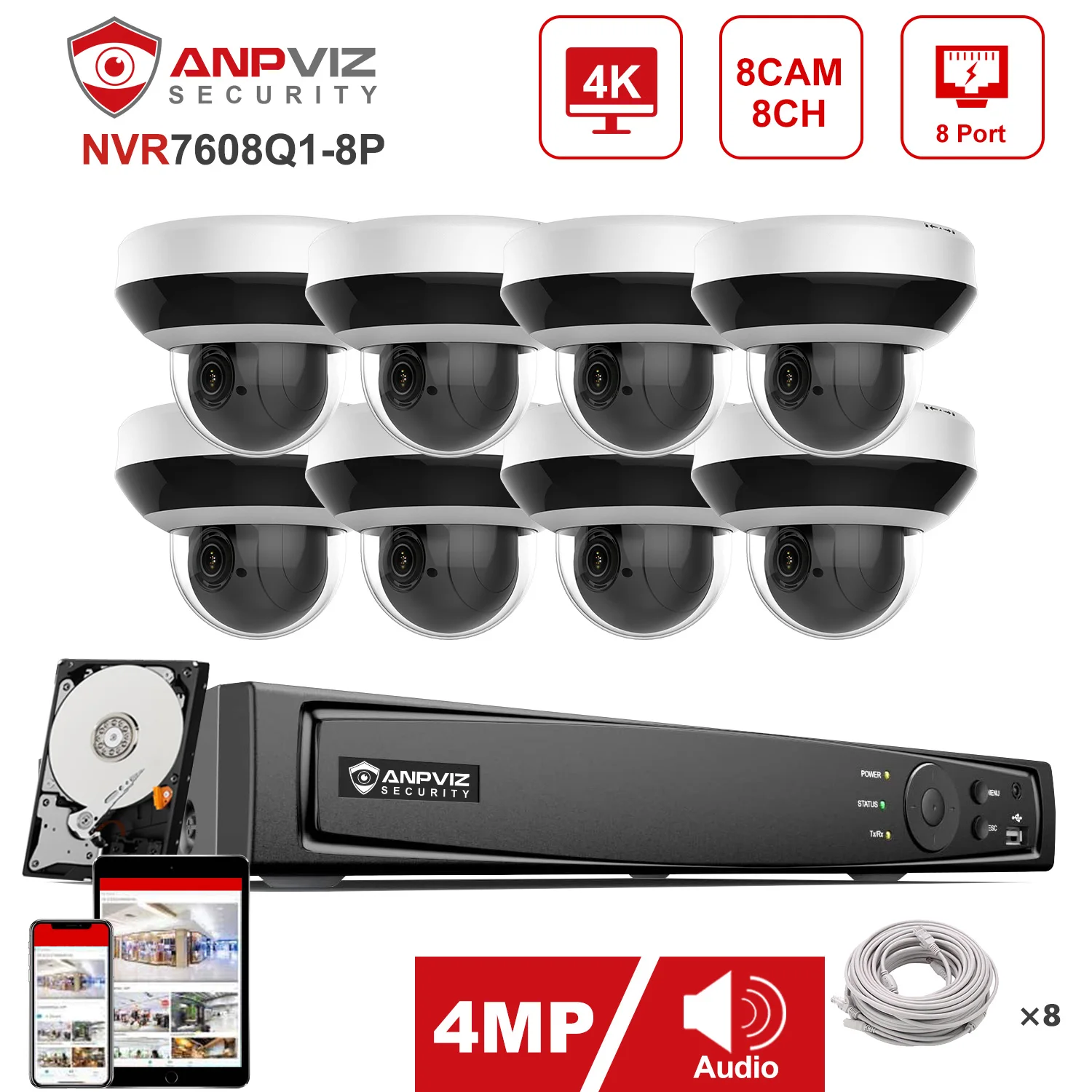 

Anpviz 8CH 4K NVR 4MP 4X PTZ Camera IP Security System POE IP Camera Outdoor CCTV Video Security IP66 Guarding Vision 30m P2P