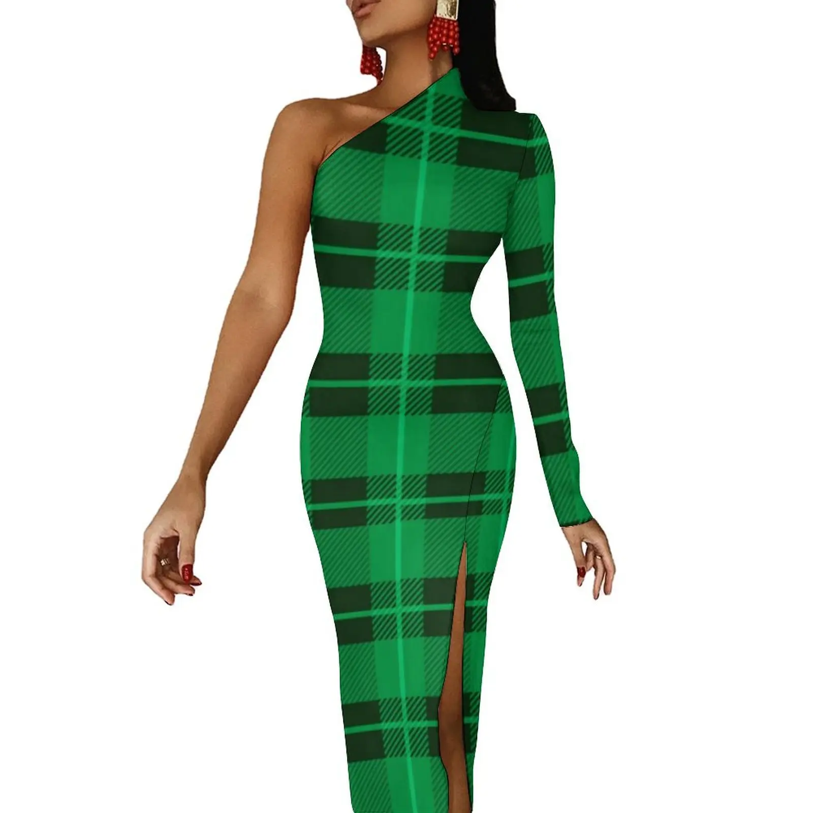 

Green Plaid Maxi Dress One Shoulder St Paddy's Day Streetwear Bodycon Dresses Spring Trendy Dress Womens Design Vestidos