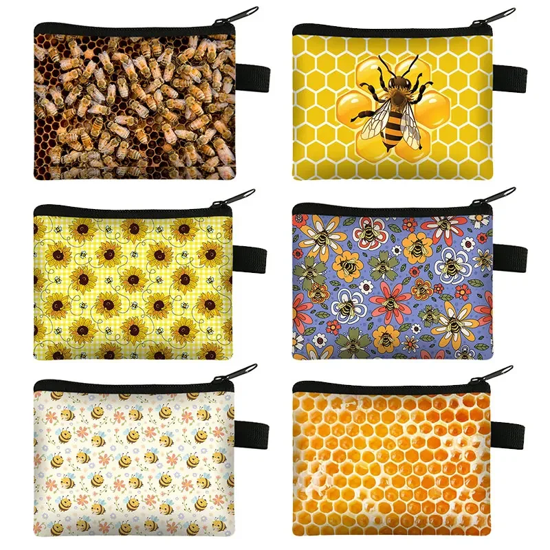 Cute Honey Bee Flower Print Coin Purse Honeycomb Women Wallets ID Credit Card Earphones Bag Zipper Pouch Mini Money Storage Bags