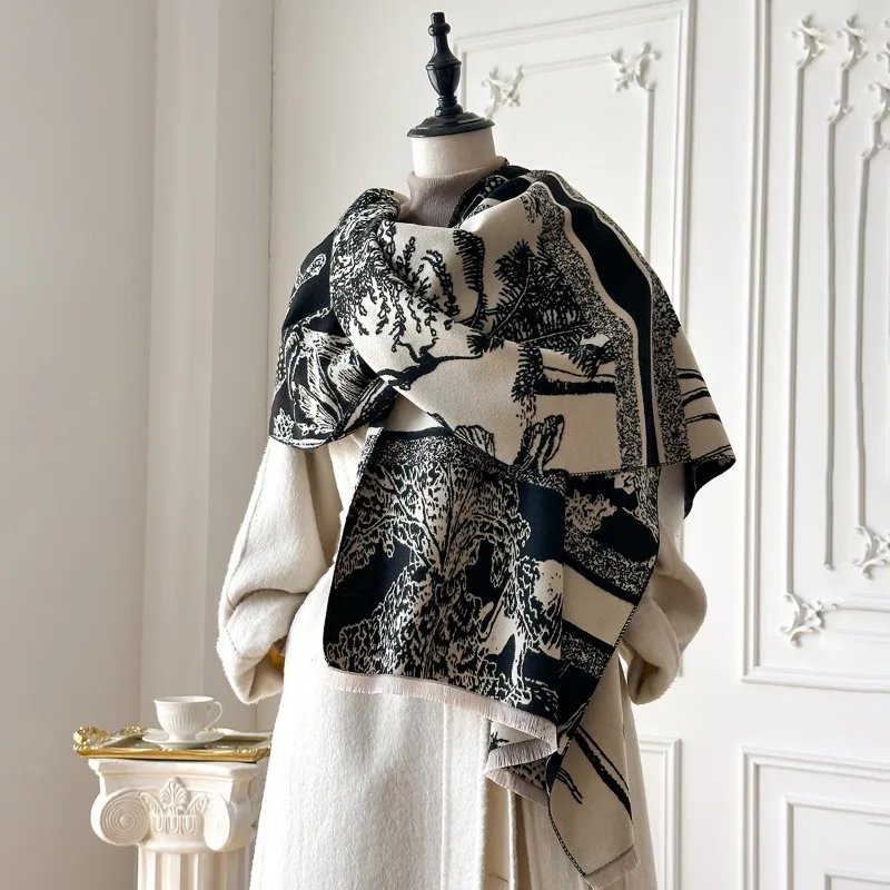 

Women's cross-border faux cashmere scarf, winter high-end cashmere-feel scarf, animal forest shawl