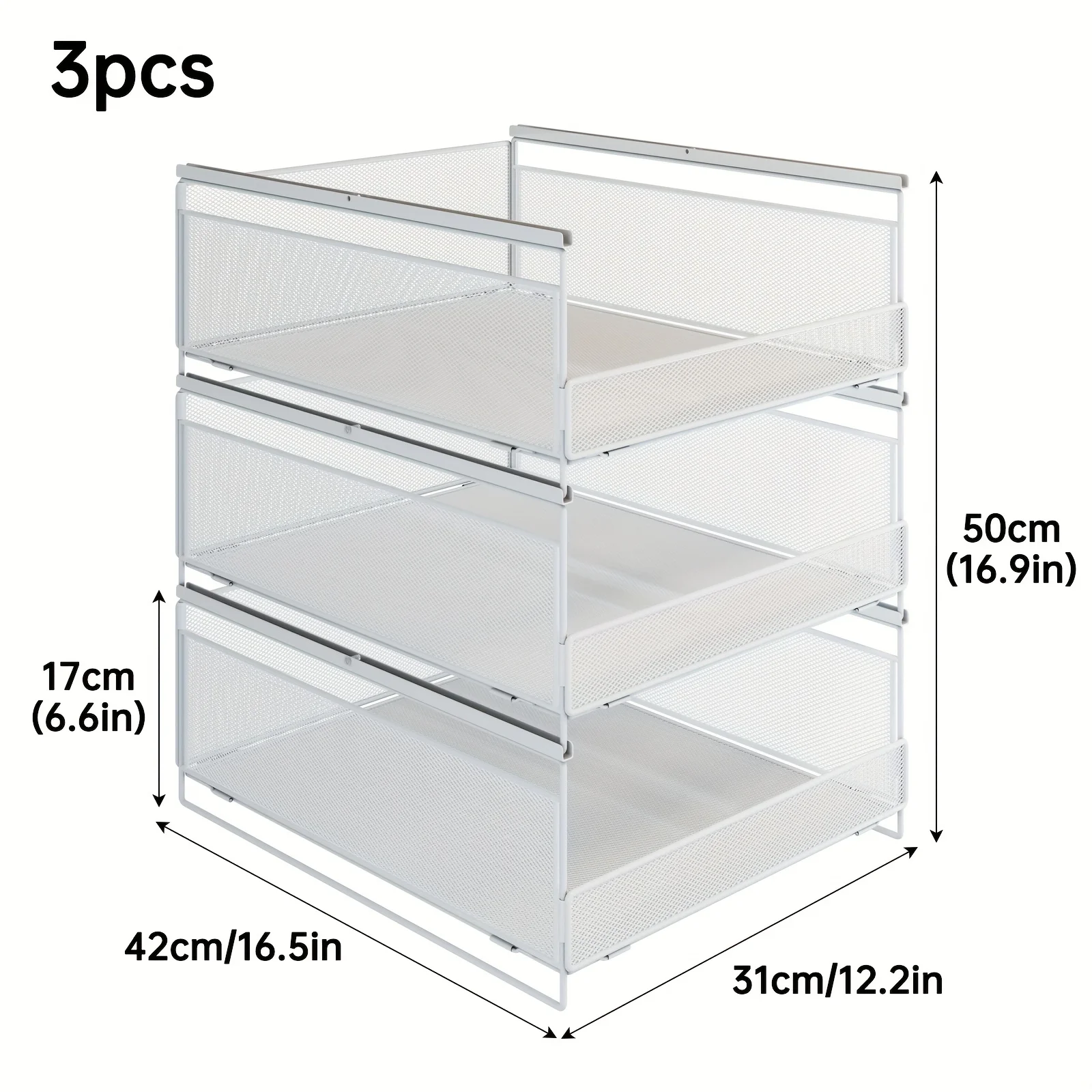 

3-Pack Stackable Metal Pull-Out Wardrobe Organizers - Freestanding Closet Storage Baskets with Clear Front Panels
