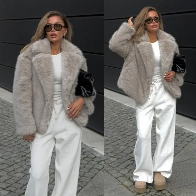 Nowa Zimowa Ciepła Damska Kurtka ze Sztucznego Futra Wygodny Kołnierz Garniturowy Kieszenie Ekologiczny Płaszcz z Futra dla Kobiet Elegancka Damska Kurtka ze Sztucznego Futra