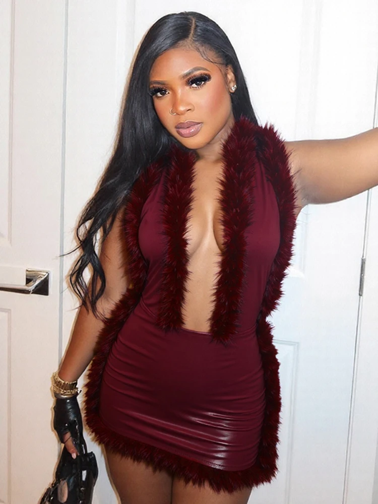 Kliou Kunstleer Mini-jurk Vrouw Harig Patchwork Halter Diepe V-hals Ruglooze Skinny Perzik Hip Hottie Street Fashion Kleding