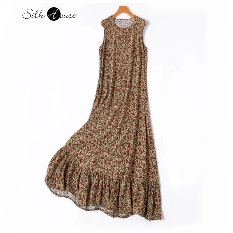 

Heavyweight 100% Natural Mulberry Silk Crepe De Chine Retro Floral Vacation Wind Lotus Leaf Edge Big Swing Women's Casual Dress