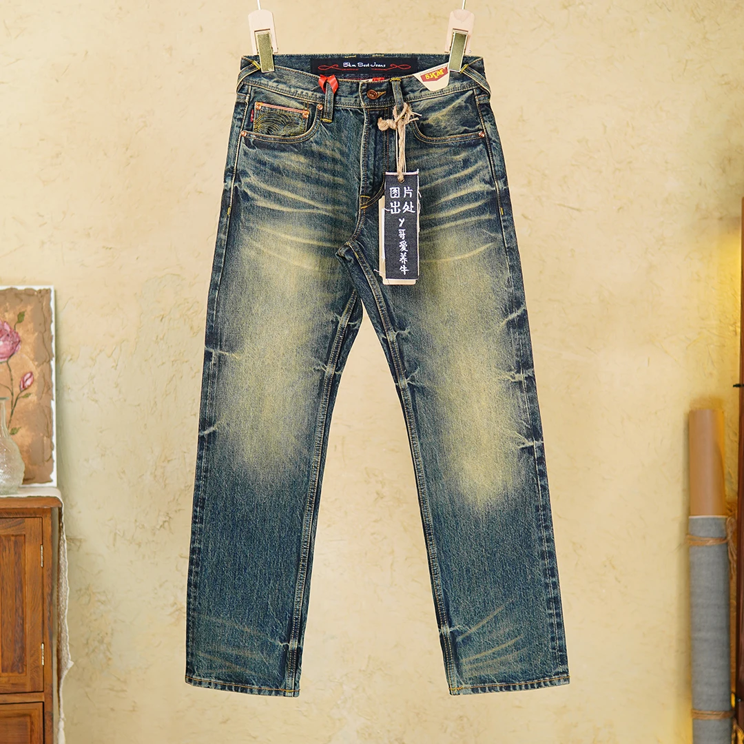 

High Quality Embroidery 16oz Selvedge Denim Jeans for Men Heavyweight Washed American Retro Straight Four-Season Style 501 5KM