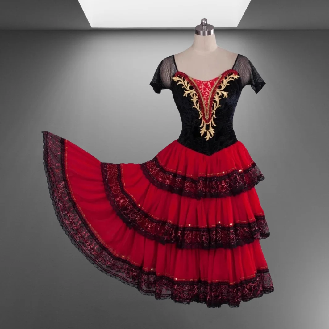 Adult Professional Ballet Performance German Red Black Spanish Long Skirt with Multiple Layers of Large Swing Long Skirt