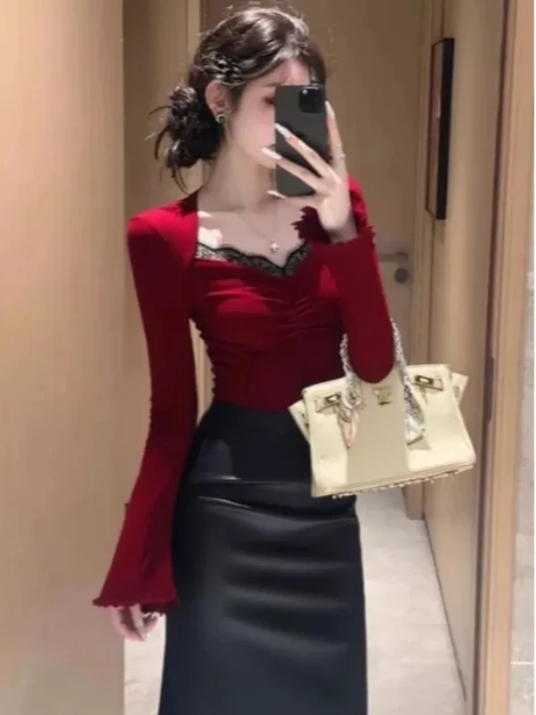 대형 사이즈 레이스 스플라이스 롱 슬리브 티셔츠 여성용 패셔너블 유니크 디자인 출퇴근용 겨울 상의 한국 버전 ...