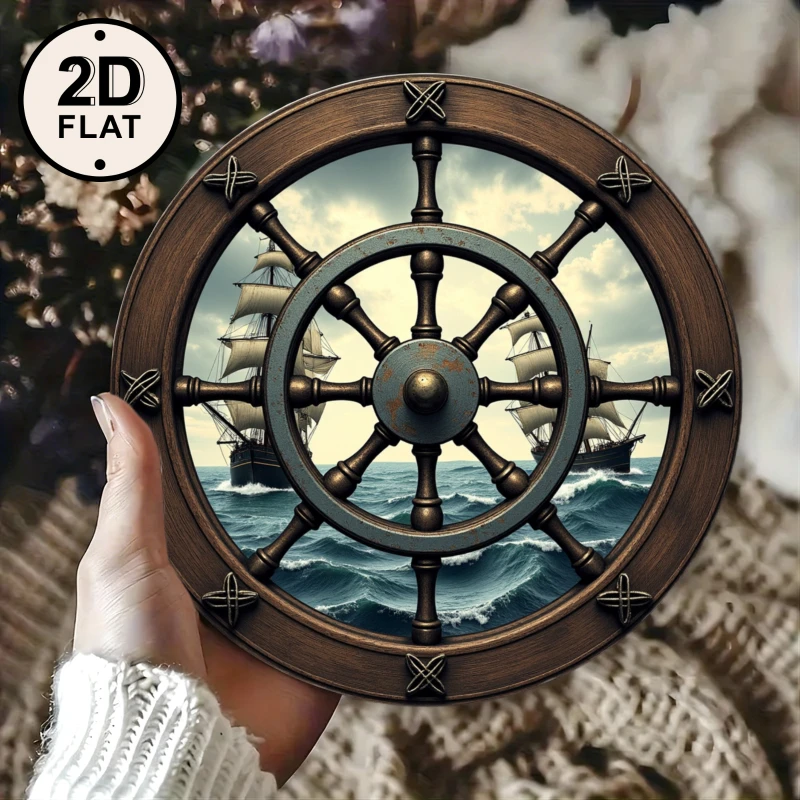 2D Flat Metal Nautical Ship Wheel Sign with Sailboats Ocean Scene Vintage Decor Circular Wall Art for Living Room Bedroom Home