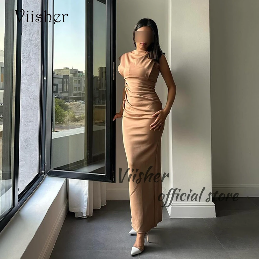 

Viisher Khaki Satin Mermaid Evening Dresses for Women Sleeveless O Neck Prom Dress Arabian Dubai Outfits Formal Evening Gowns