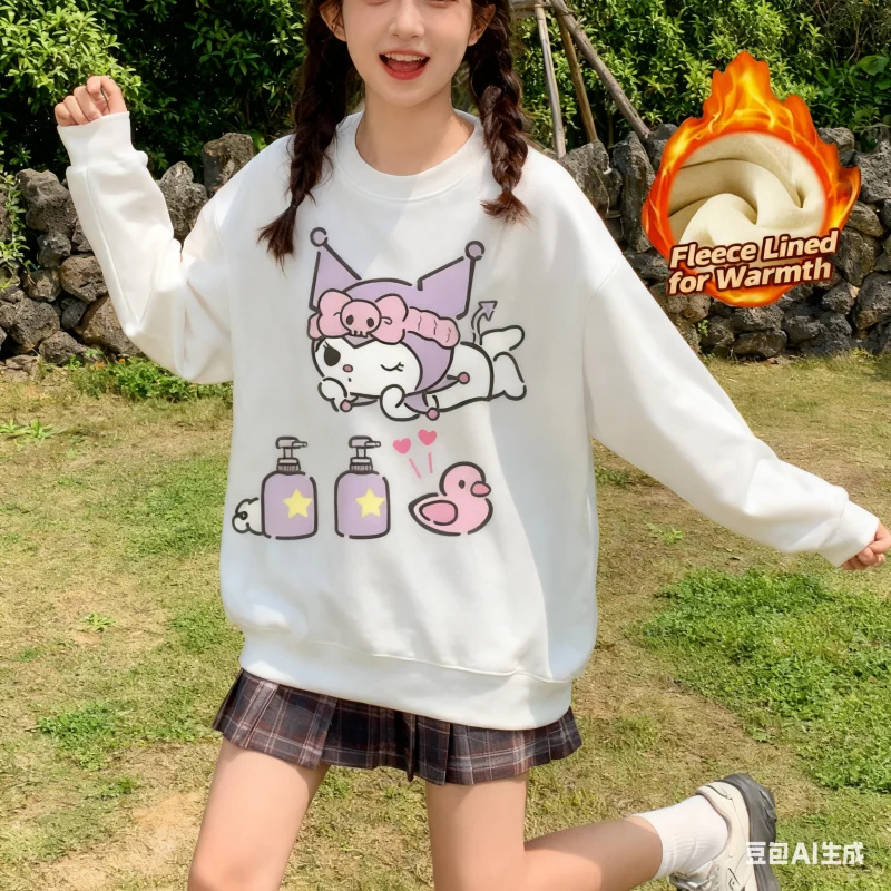 

2025 Sanrio Series Printed Crew Neck Long-Sleeve Top, Cute and Warm Fleece-Lined Crew Neck Long-Sleeve T-Shirt, 100% Cotton