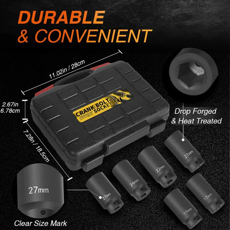 6 Pack Crank Bolt Socket Set, 17MM, 19MM, 21MM, 22MM, 24MM, 27MM, Harmonic Balancer Socket Set, 1/2-Inch Metric Deep Impack Sock