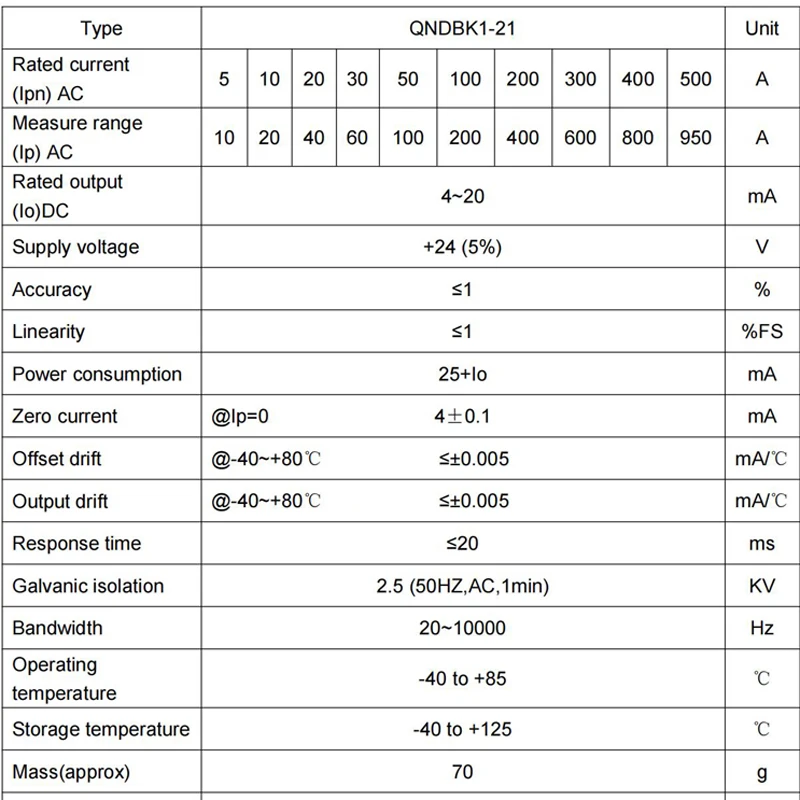 Датчик тока Холла QNDBK1-21 AC 30A 50A 100A 200A 300A 400a/4~20mA +24V DC передатчик тока датчик тока с эффектом Холла