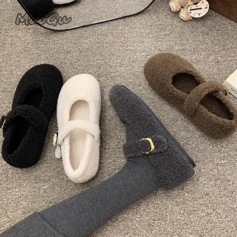 

Осенне-зимняя меховая обувь, женская обувь Мэри Джейн, лаконичные теплые уличные лоферы на низком каблуке, женская удобная хлопковая обувь на плоской подошве