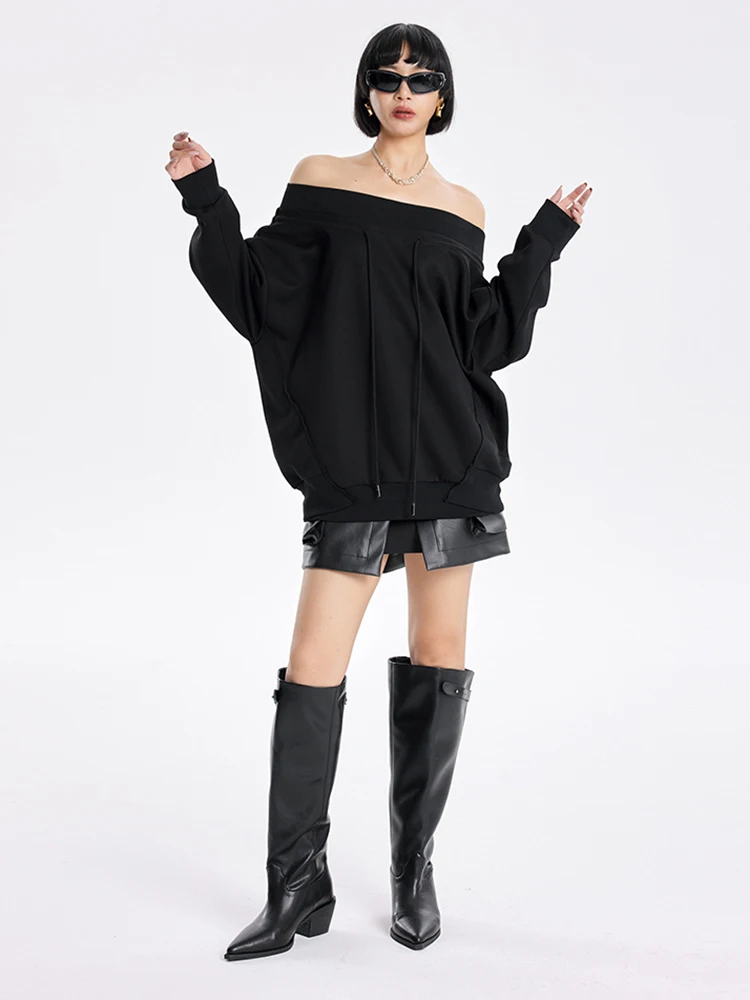 [EAM] Black Irregular Hem Elegant Sweatshirt New Slash Neck Long Sleeve Women Big Size Fashion Tide Spring Autumn 2023 1DH8281